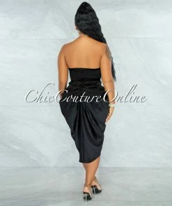 Chic Couture Online Esther Black Front Draped Hi-Lo Satin Midi Dress