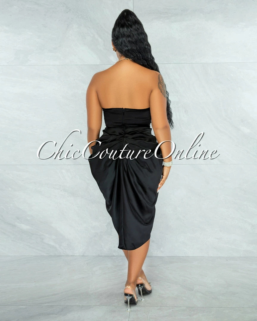Chic Couture Online Esther Black Front Draped Hi-Lo Satin Midi Dress