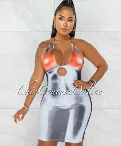 Chic Couture Online Lydia Black Grey Orange Print Bust Key-Hole Dress JUST IN