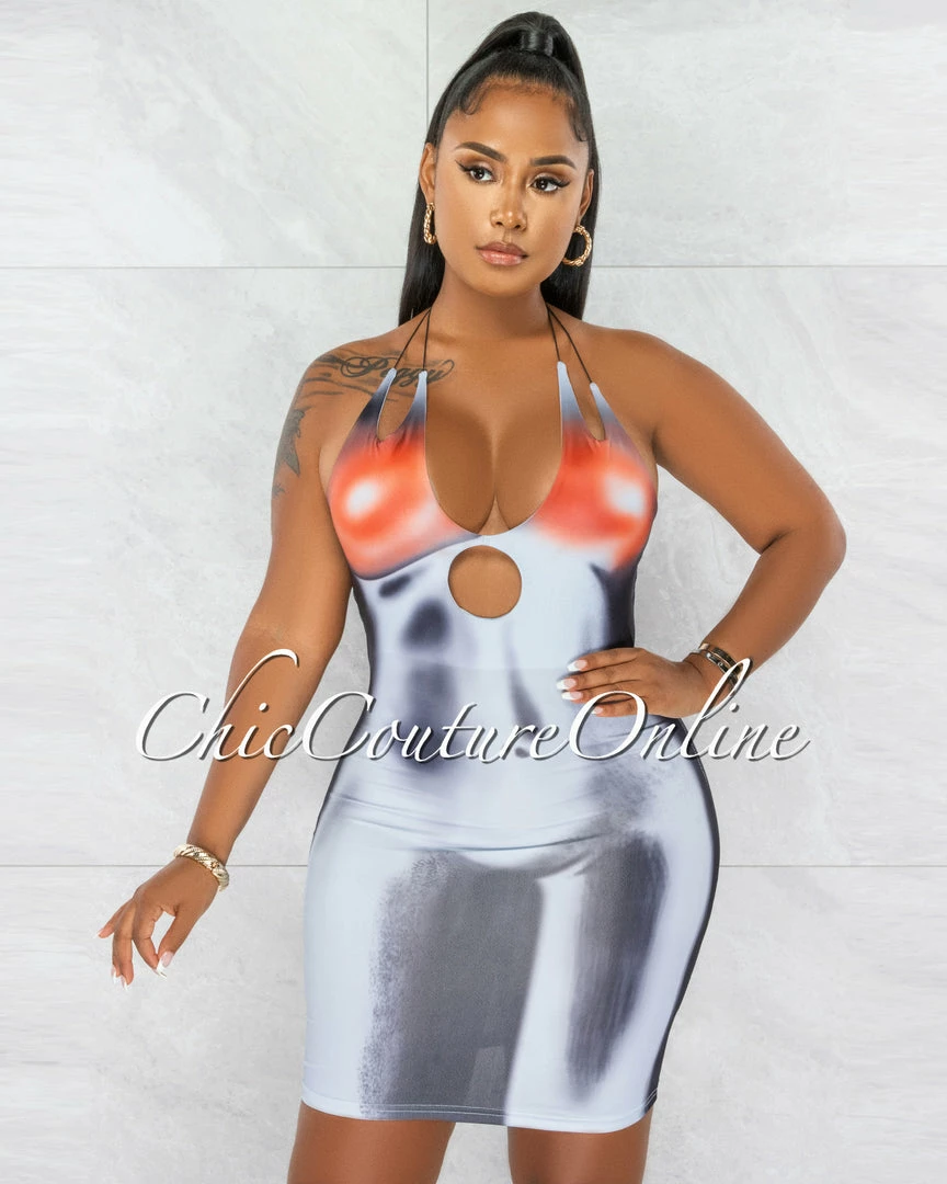 Chic Couture Online Lydia Black Grey Orange Print Bust Key-Hole Dress JUST IN