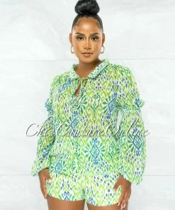 Chic Couture Online JUST IN Slater White Green Print Sheer Blouse & Mini Shorts Set