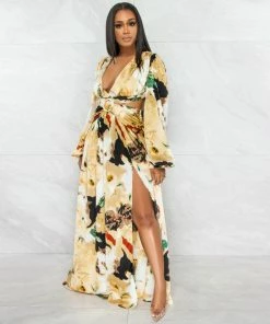 Vendor-unknown JUST IN Deedra Nude Brown Print O-Ring Cut-Out Maxi Dress