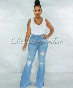 Vendor-unknown Orman Light Blue Denim Distressed Bell Bottom Jeans JUST IN