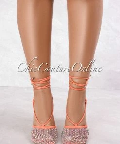 Vendor-unknown Lover Coral Lace Up Embellished Mesh Square Toe Heels