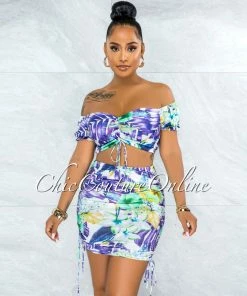 Vendor-unknown Almarine Purple Multi-Color Print Crop Top & Ruched Skirt Set JUST IN