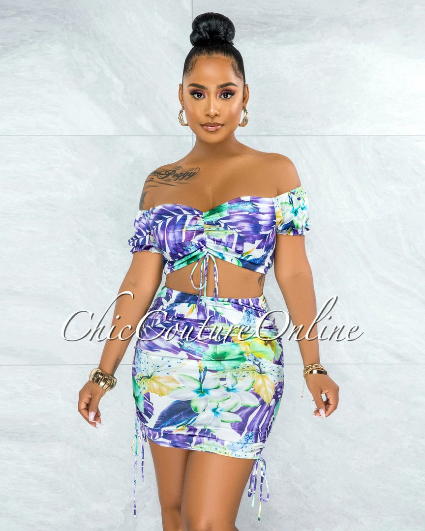 Vendor-unknown Almarine Purple Multi-Color Print Crop Top & Ruched Skirt Set JUST IN