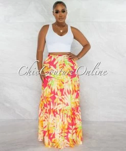 Chic Couture Online Mermada Coral Yellow Leaf Print Maxi Skirt JUST IN