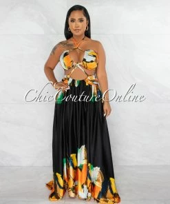 Chic Couture Online Novia Black Orange Print Halter Cut-Out Maxi Dress JUST IN