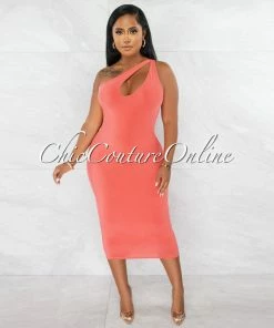 Chic Couture Online JUST IN Abasi Coral Key-Hole Double Lined Midi Dress