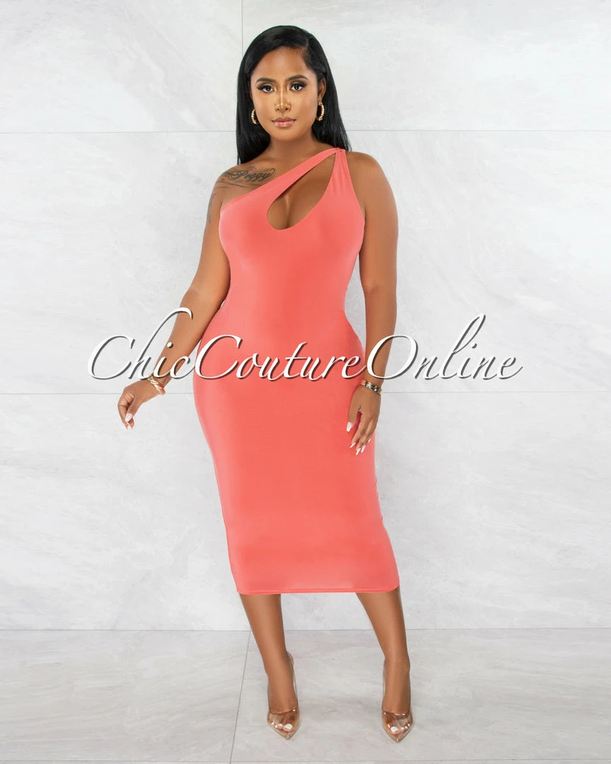 Chic Couture Online JUST IN Abasi Coral Key-Hole Double Lined Midi Dress