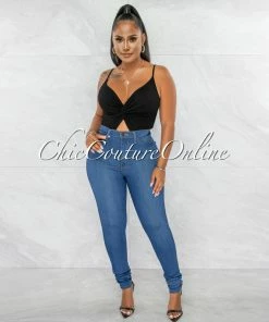 Chic Couture Online Viper Black Front Knot Key-Hole Ribbed Bodysuit JUST IN