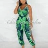 Chic Couture Online Cefania Navy Blue Green Print Cowl Neckline Leg Slits Jumpsuit