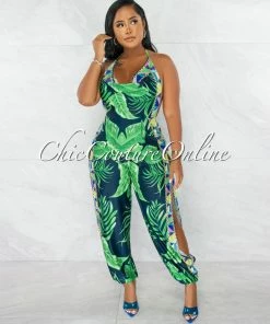 Chic Couture Online Cefania Navy Blue Green Print Cowl Neckline Leg Slits Jumpsuit