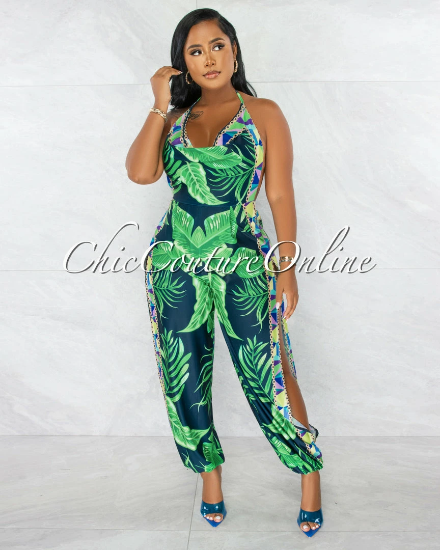 Chic Couture Online Cefania Navy Blue Green Print Cowl Neckline Leg Slits Jumpsuit