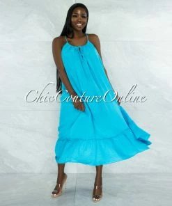 Vendor-unknown Nassar Turquoise Braid Straps Ruffle Hem Maxi LINEN Dress