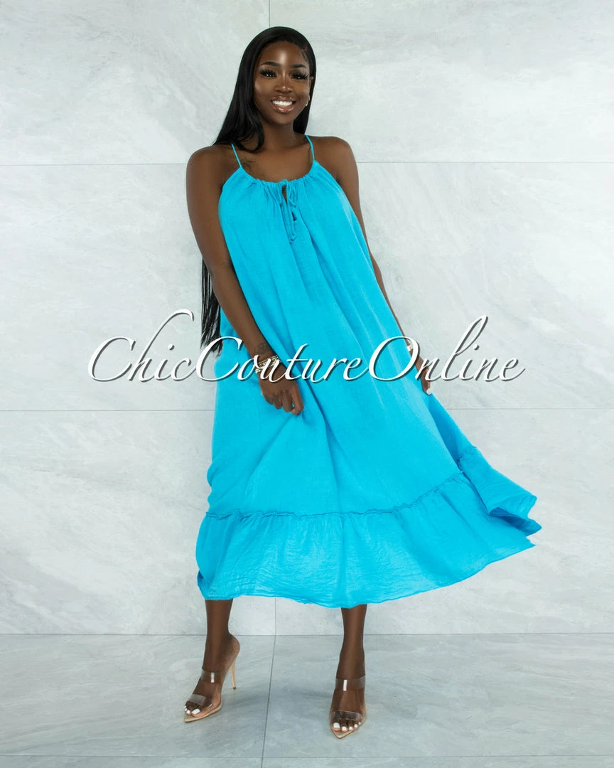 Vendor-unknown Nassar Turquoise Braid Straps Ruffle Hem Maxi LINEN Dress