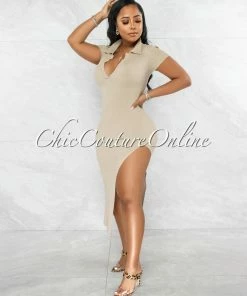 Chic Couture Online Earlston Nude Ribbed Collar Maxi Dress