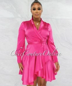 Chic Couture Online Eloyda Hot Pink Wrap High Low Ruffle Dress