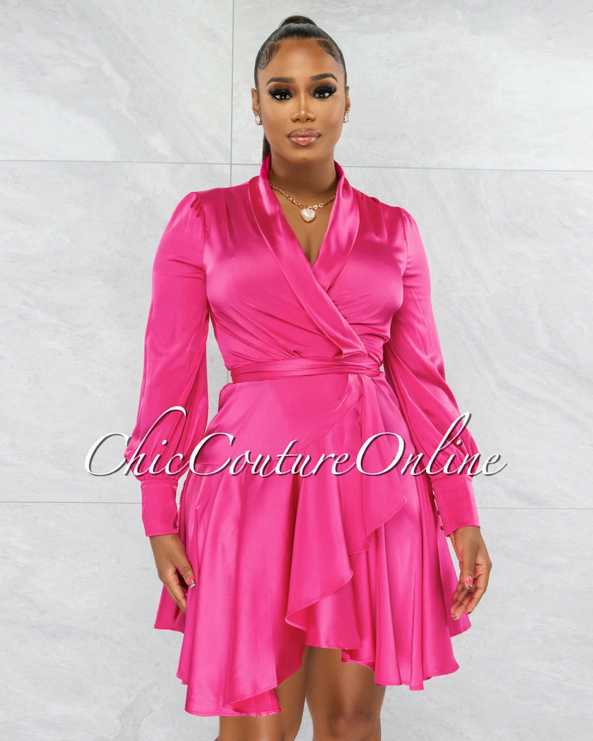 Chic Couture Online Eloyda Hot Pink Wrap High Low Ruffle Dress