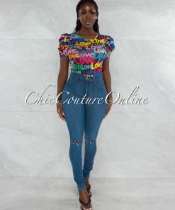 Vendor-unknown JUST IN Harsha Black Multi-Color Love Graffiti Print Bodysuit