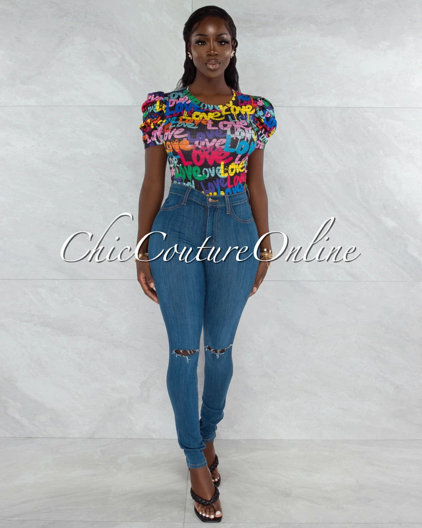 Vendor-unknown JUST IN Harsha Black Multi-Color Love Graffiti Print Bodysuit