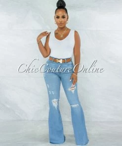Vendor-unknown Orman Light Blue Denim Distressed Bell Bottom Jeans JUST IN