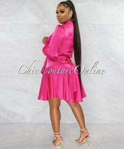 Chic Couture Online Eloyda Hot Pink Wrap High Low Ruffle Dress