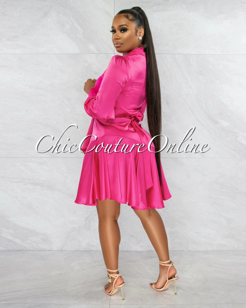 Chic Couture Online Eloyda Hot Pink Wrap High Low Ruffle Dress
