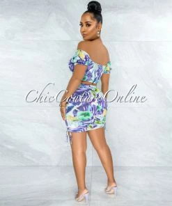 Vendor-unknown Almarine Purple Multi-Color Print Crop Top & Ruched Skirt Set JUST IN