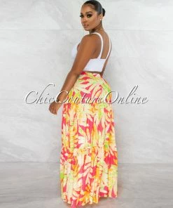 Chic Couture Online Mermada Coral Yellow Leaf Print Maxi Skirt JUST IN