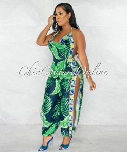 Chic Couture Online Cefania Navy Blue Green Print Cowl Neckline Leg Slits Jumpsuit