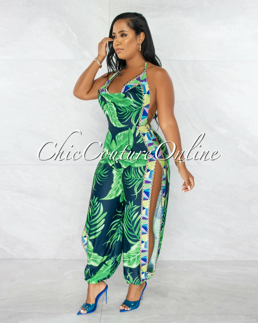 Chic Couture Online Cefania Navy Blue Green Print Cowl Neckline Leg Slits Jumpsuit