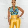 Chic Couture Online Crissie Blue Print Tie Top & Yellow Biker Shorts Set