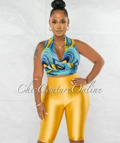 Chic Couture Online Crissie Blue Print Tie Top & Yellow Biker Shorts Set