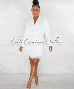 Chic Couture Online Thirza Off-White Gold Buttons Trench Feathers Hem Dress