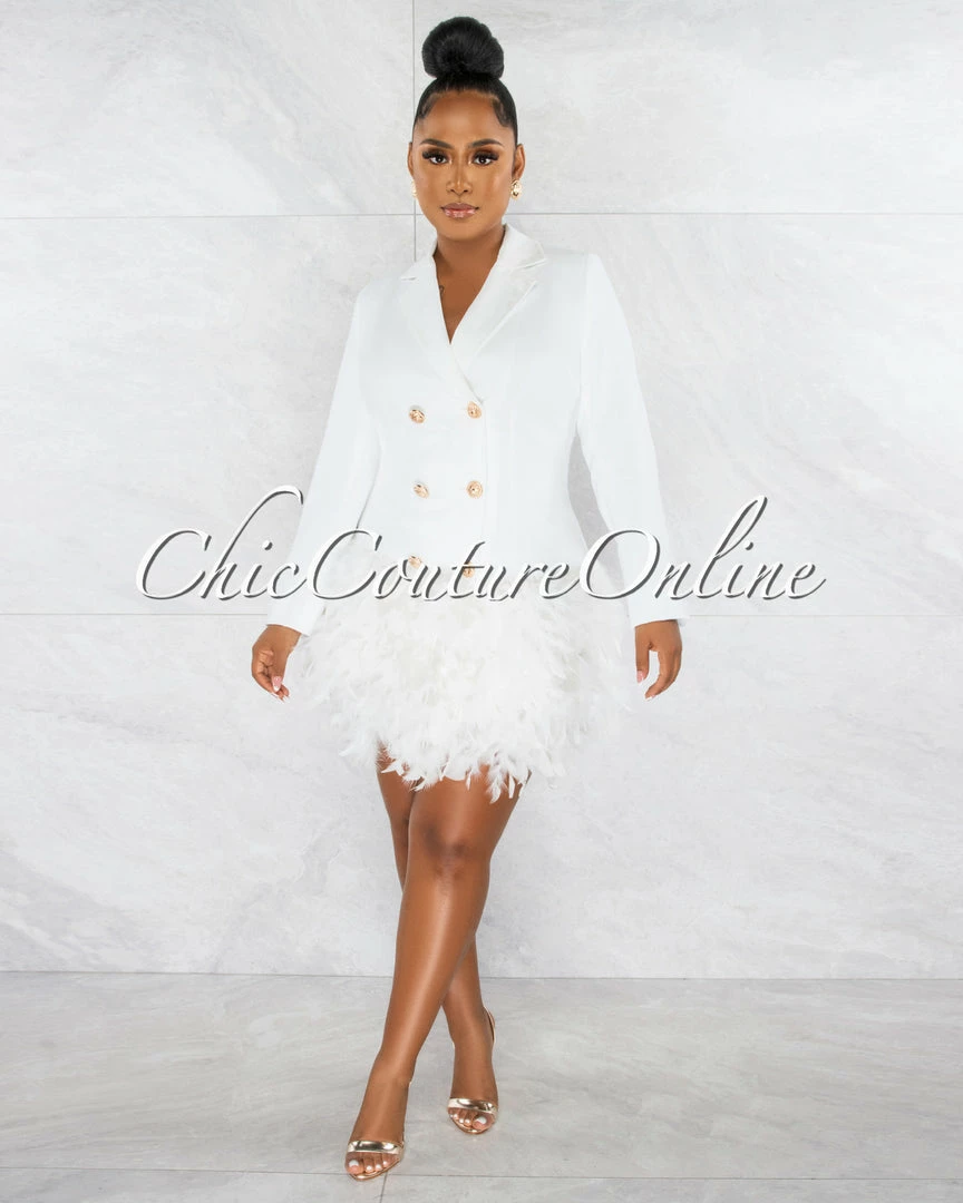 Chic Couture Online Thirza Off-White Gold Buttons Trench Feathers Hem Dress