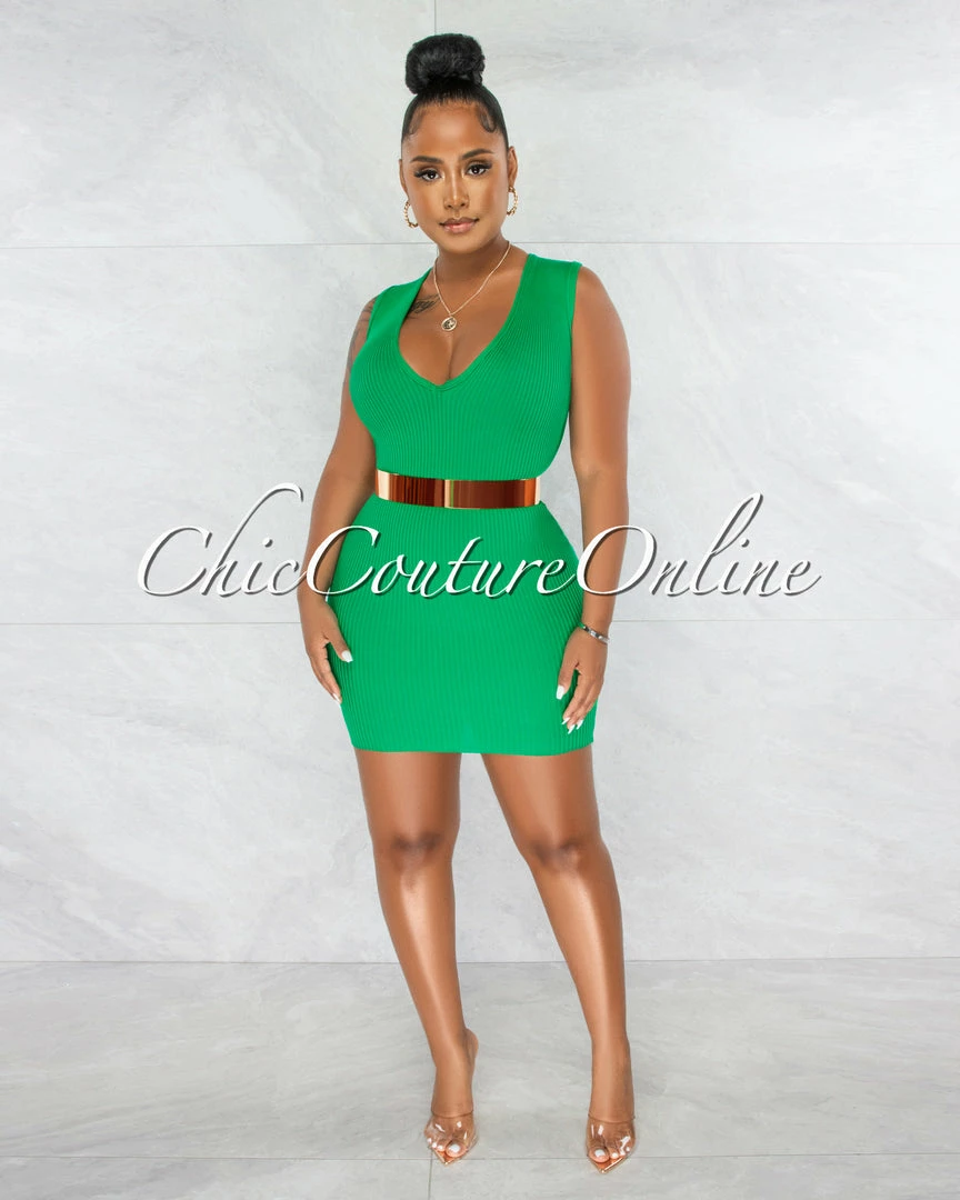 Chic Couture Online Chandler Green Deep V Neck Ribbed Dress JUST IN