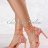 Vendor-unknown Lover Coral Lace Up Embellished Mesh Square Toe Heels