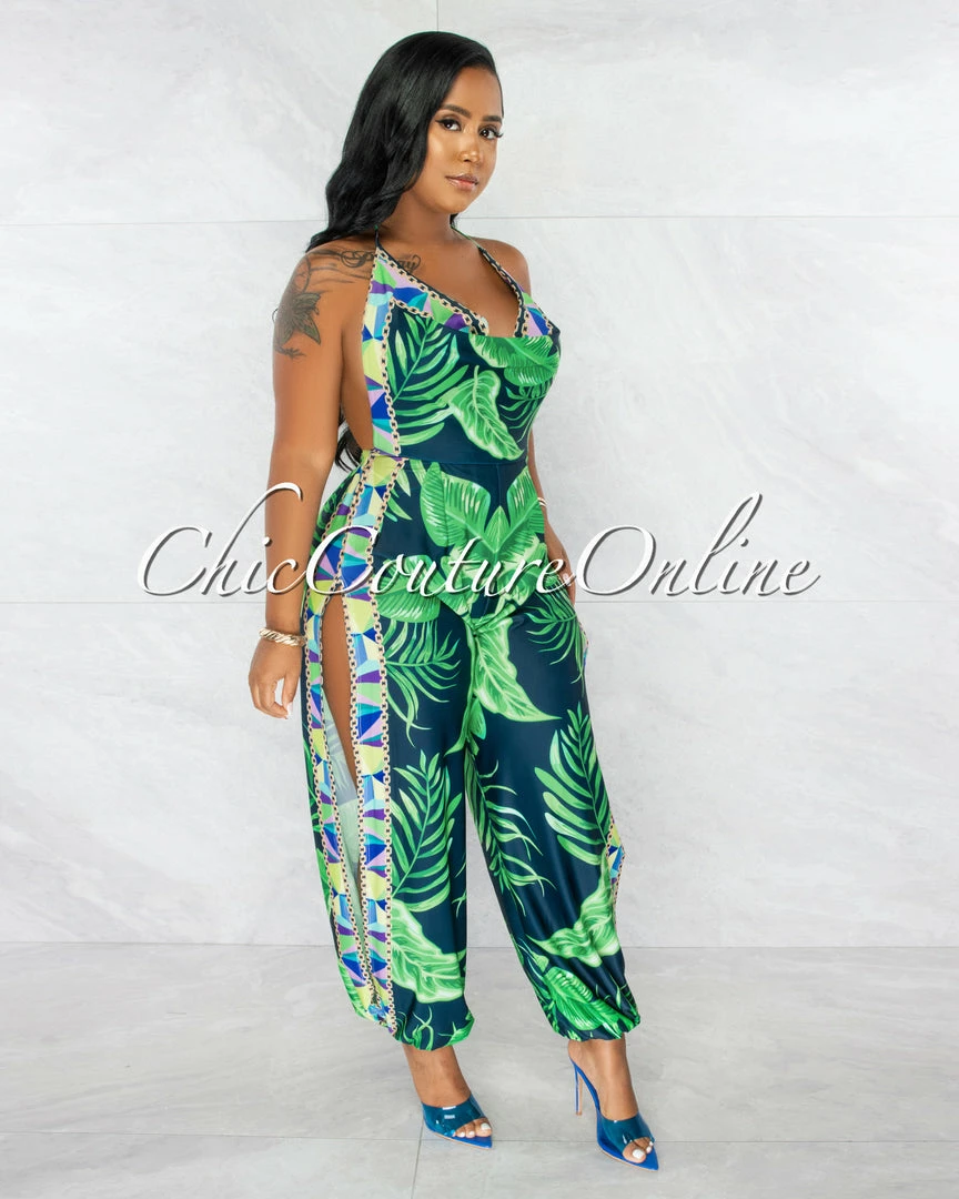 Chic Couture Online Cefania Navy Blue Green Print Cowl Neckline Leg Slits Jumpsuit