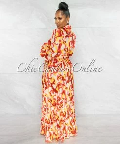 Chic Couture Online JUST IN Joelle Yellow Orange Print Cut-Out Pleated Maxi Dress