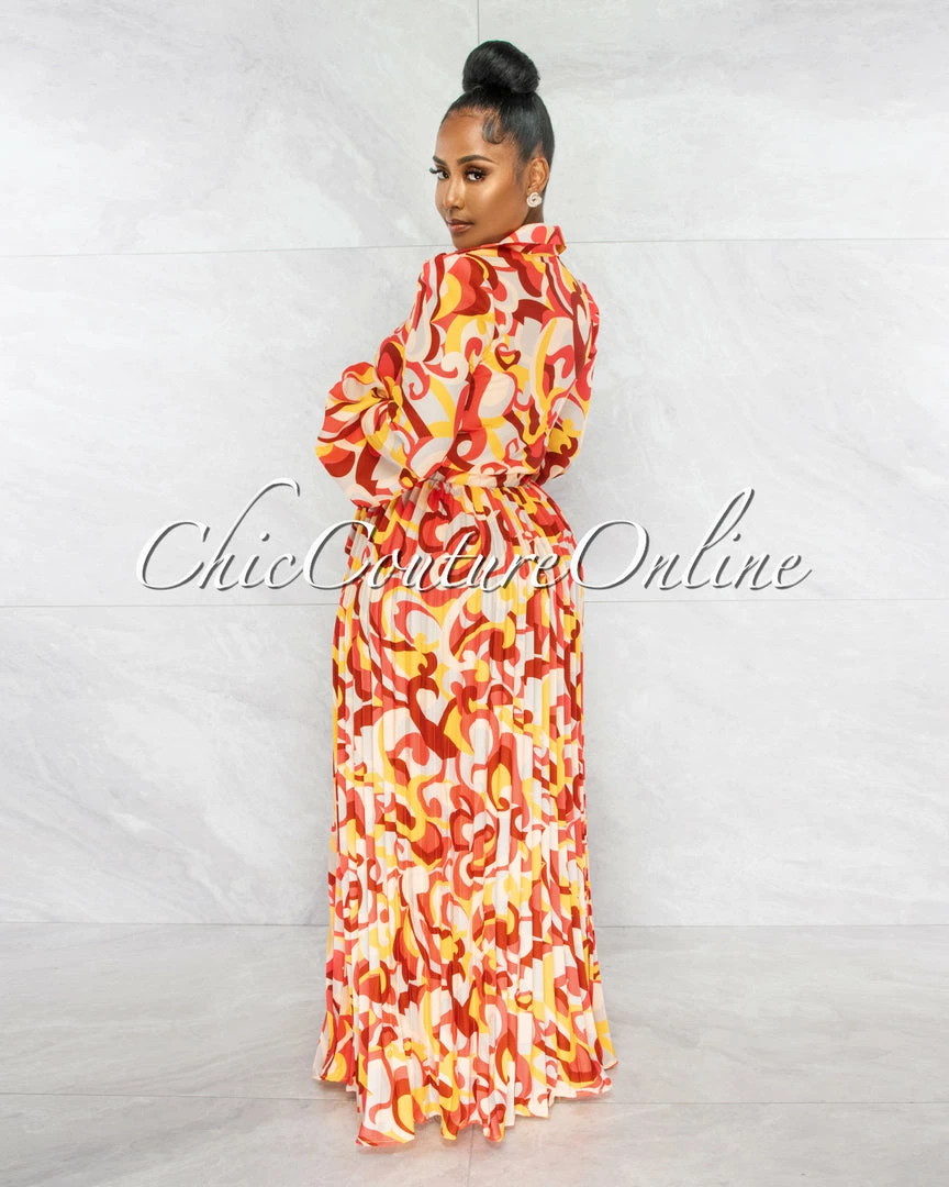 Chic Couture Online JUST IN Joelle Yellow Orange Print Cut-Out Pleated Maxi Dress
