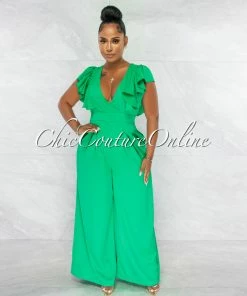 Chic Couture Online JUST IN Piper Kelly Green Ruffle Neckline Wide Legs Jumpsuit
