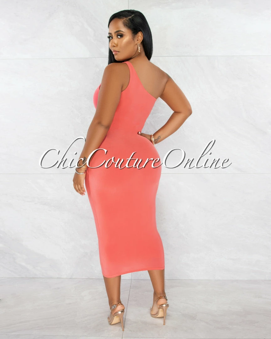 Chic Couture Online JUST IN Abasi Coral Key-Hole Double Lined Midi Dress