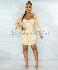 Chic Couture Online JUST IN Flavian Yellow Floral Print Padded Cups Mini Dress