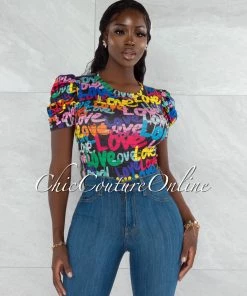 Vendor-unknown JUST IN Harsha Black Multi-Color Love Graffiti Print Bodysuit