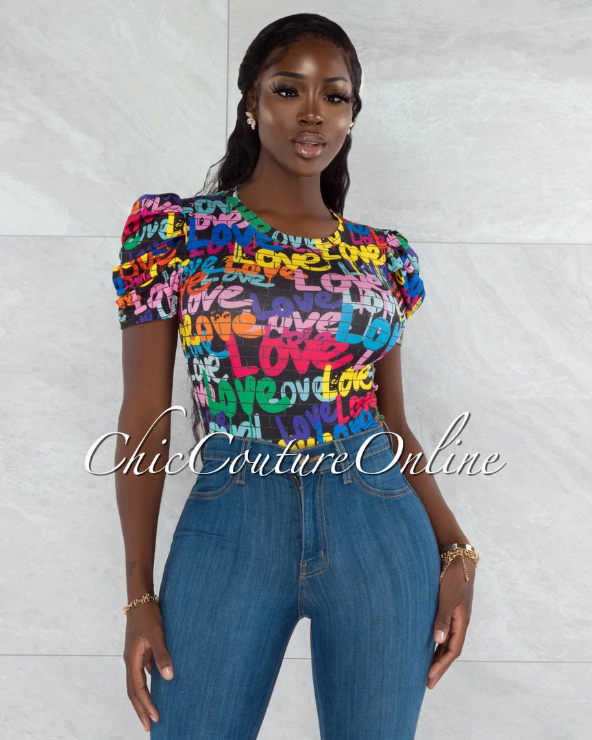 Vendor-unknown JUST IN Harsha Black Multi-Color Love Graffiti Print Bodysuit