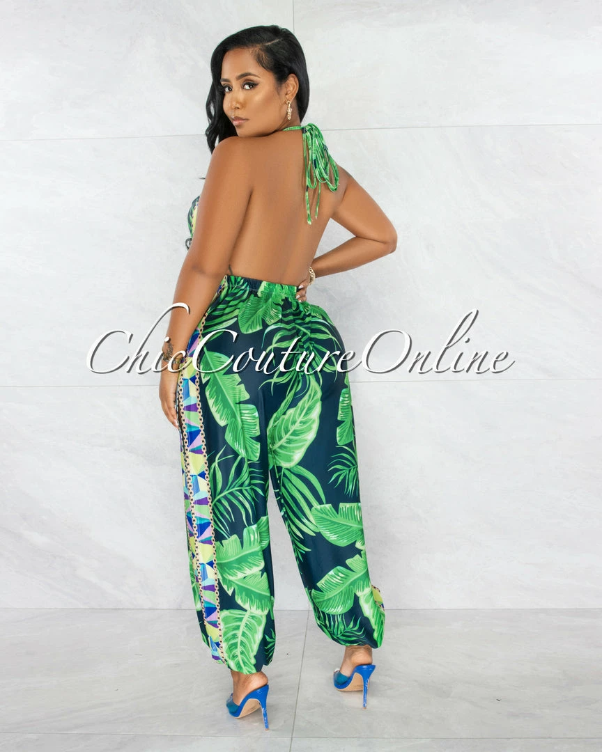 Chic Couture Online Cefania Navy Blue Green Print Cowl Neckline Leg Slits Jumpsuit