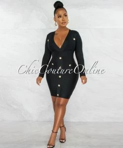 Chic Couture Online Omega Black Gold Buttons Décor Bandage Dress JUST IN