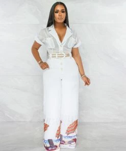 Chic Couture Online JUST IN Baecation White Print Straw Belt Wide Legs Jumpsuit