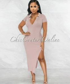 Chic Couture Online Earlston Blush Ribbed Collar Maxi Dress